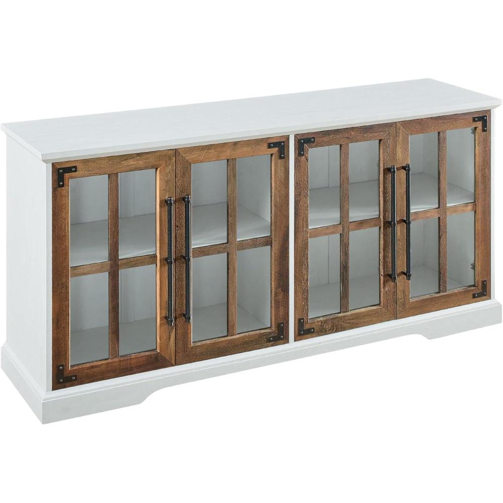 Walker Edison Modern Glass and Wood Universal TV Stand with 4 Door Storage For TV’s up to 64″ Flat Screen Living Room Storage Entertainment Center, 58 Inch, Rustic Oak(White/Rustic Oak)