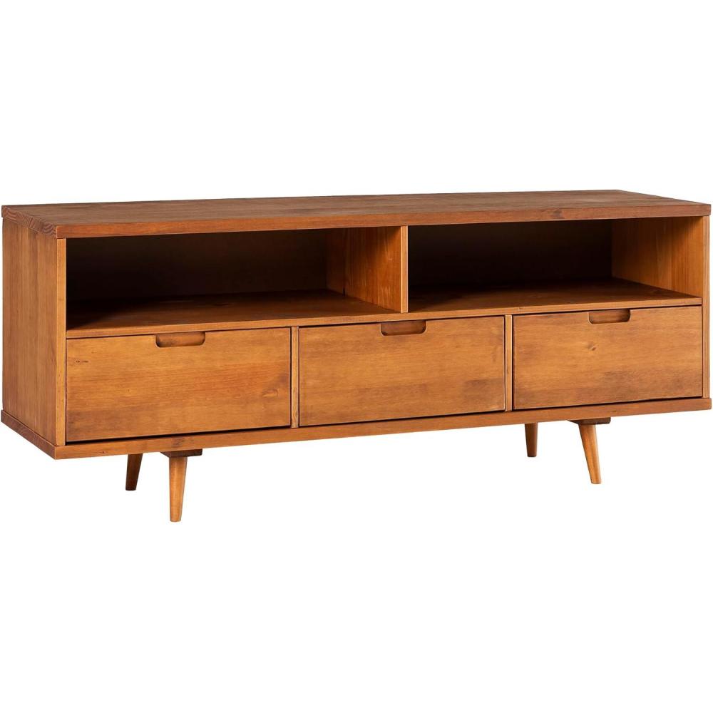 Walker Edison Millie Mid Century Modern 3 Drawer Solid Wood Low Stand for TVs up to 65 Inches, 58 Inch, White(Caramel)