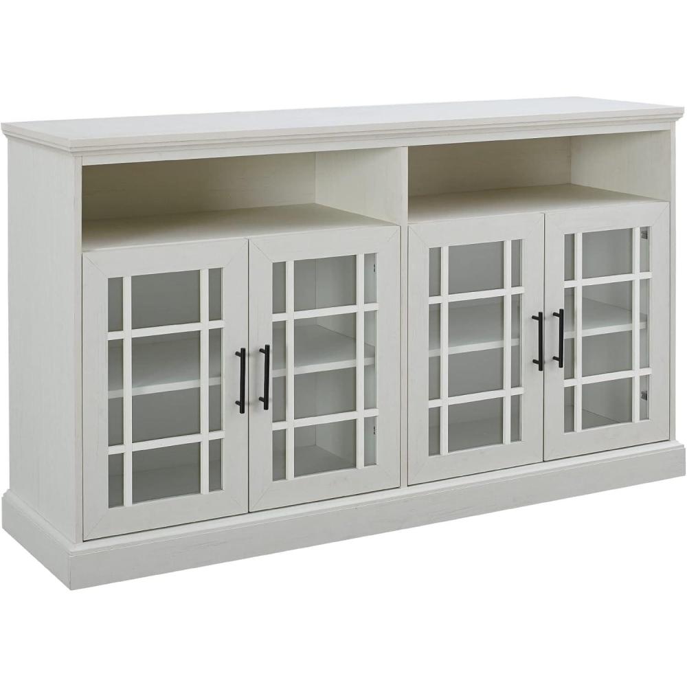 Walker Edison Emelia Classic Detailed Glass Door Tall TV Stand for TVs up to 65 Inches, 58 Inch, Brushed White