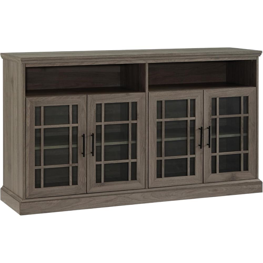 Walker Edison Classic Glass Door Universal TV Stand for TV’s up to 64″ Flat Screen Living Room Storage Cabinet Doors and Shelves Entertainment Center, 16″D x 58″W x 33″H, Dark Walnut(Slate Grey)