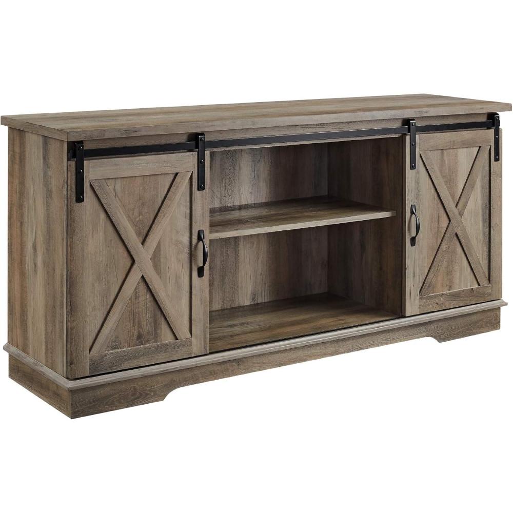 Walker Edison Richmond Modern Farmhouse Sliding Barn Door Stand for TVs up to 65 Inches, Without Fireplace, Rustic Oak(Grey Wash)